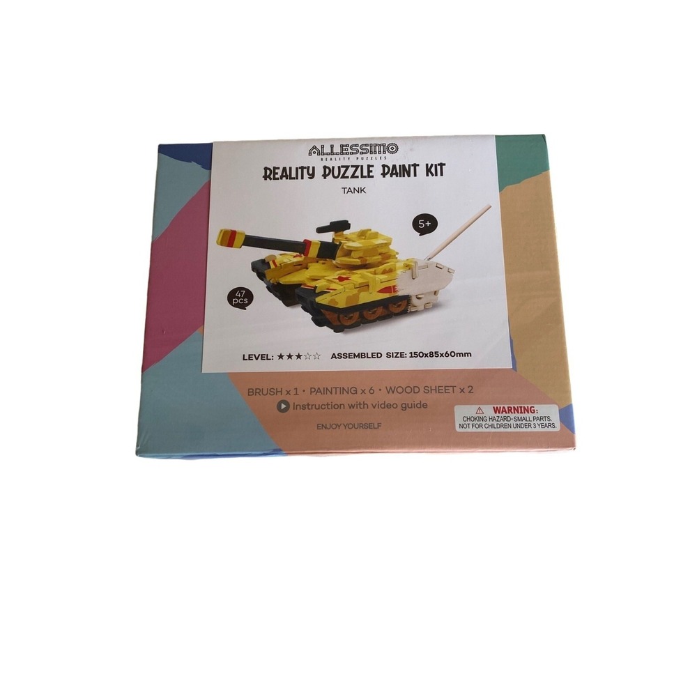 Allessimo 3D Wood Puzzle Kit Yellow Tank Reality Puzzle Paint Kit 47pc 5+‎ NEW